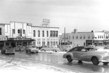 Downtown Weatherford, 1954-1955. The movie that's being shown is called 'War Arrow' and stars Maureen O'Hara